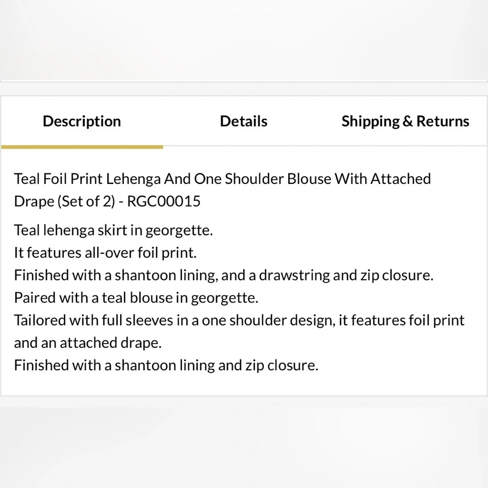 Teal Foil Print Lehenga & One Shoulder Blouse With Attached Drape — Size Medium - Picture 10 of 15